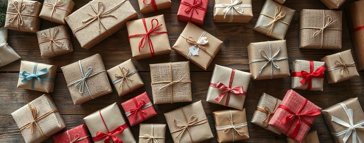 Viele kleine Geschenkboxen, Jutesäckchen und Umschläge mit Bändern auf einem Holztisch