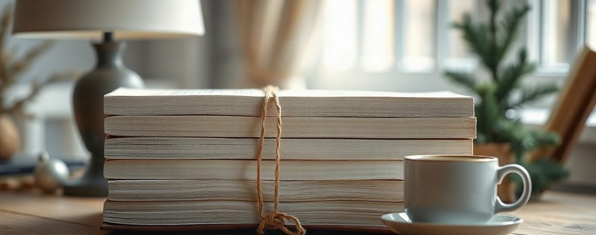 Stapel geschlossener Bücher mit schlichten Stoffeinbänden, Leselampe und Teetasse