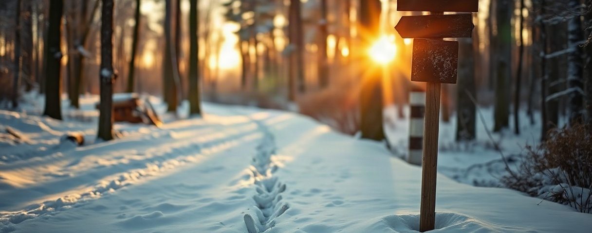 Verschneiter Waldweg im Morgenlicht mit Fußspuren und einem Wegweiser