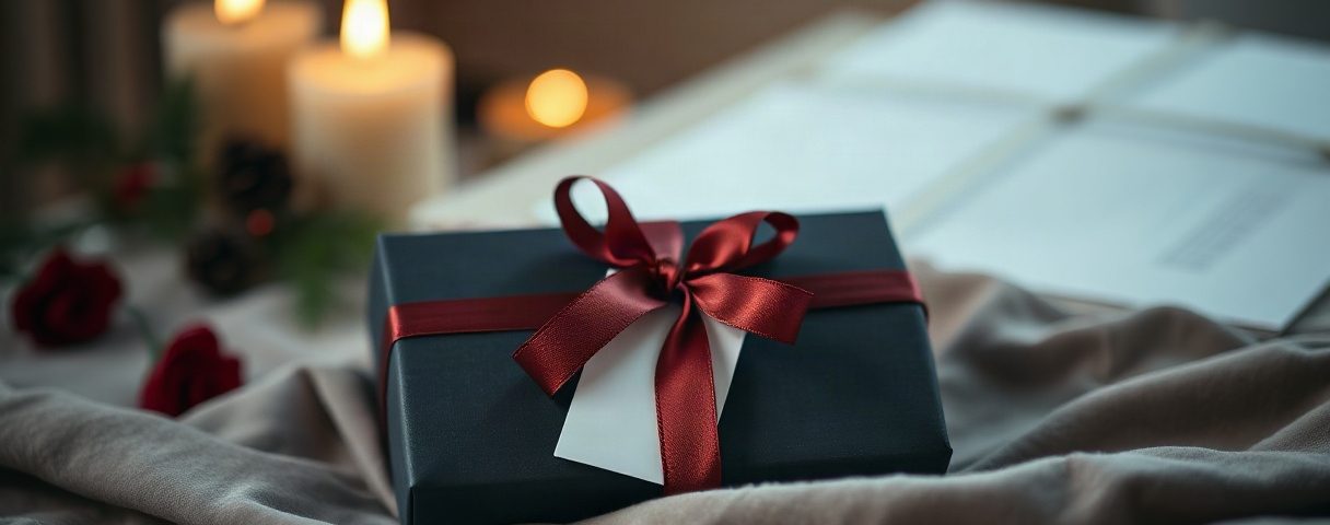 Schwarze Geschenkbox mit dunkelrotem Satinband auf Samt, daneben zwei Kerzen