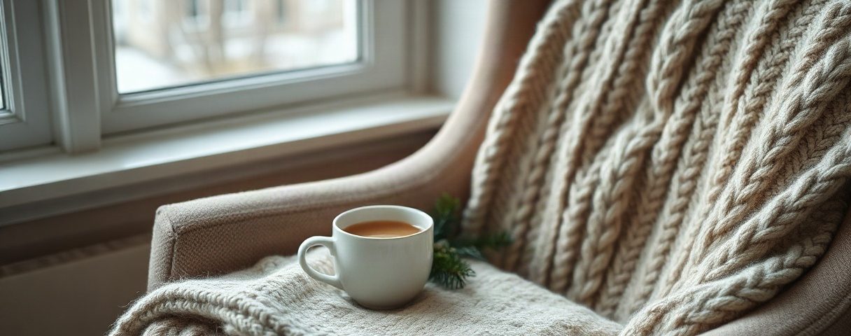 Sessel am Fenster mit Decke, Teetasse, Cremetiegel und Tannenzweig