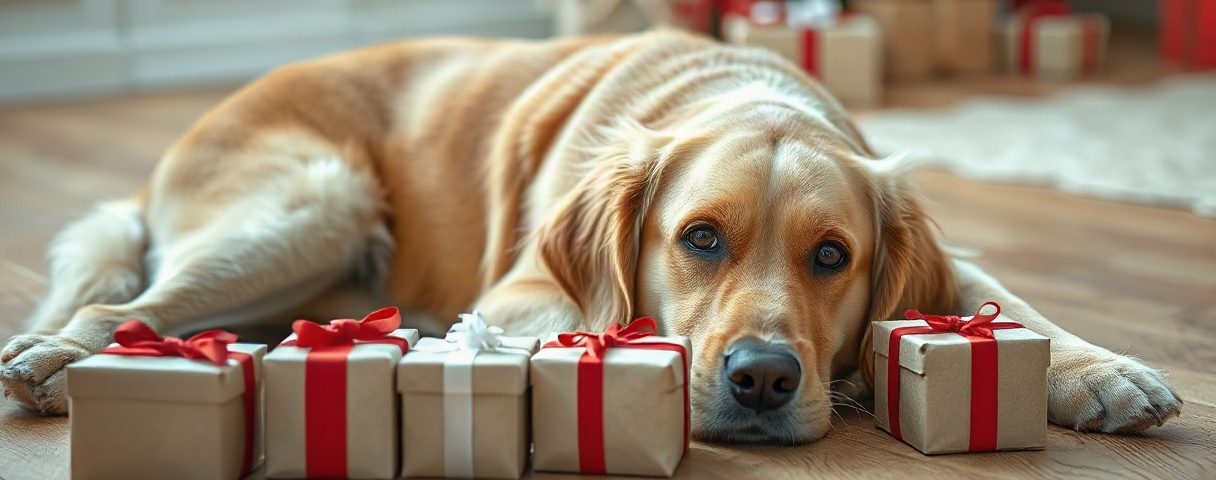 Ein Golden Retriever liegt neben einer Reihe kleiner verpackter Geschenke mit roten Schleifen
