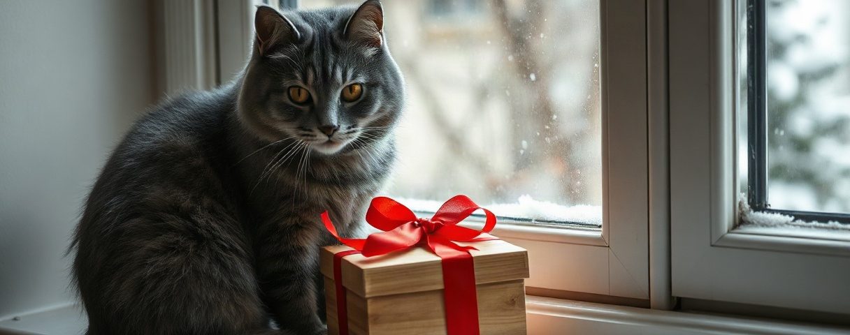 Eine getigerte Katze sitzt neben einer kleinen Holzbox mit roter Schleife auf einer Fensterbank