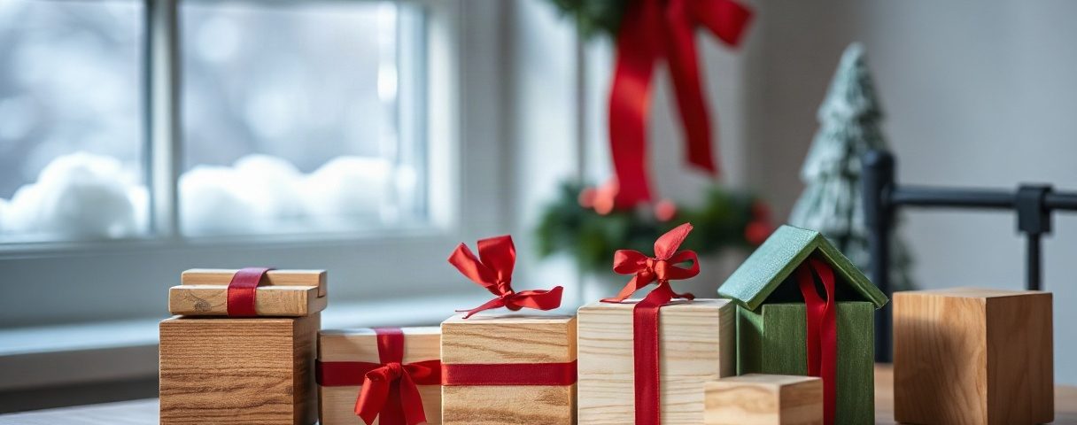 Bunte kleine Holzboxen mit roten Schleifen auf einem Kindertisch, Bauklötze daneben