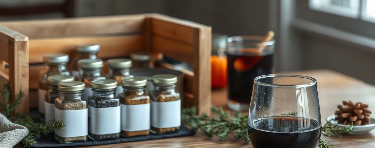 Holzkiste mit kleinen Gewürzgläsern, ein Glas mit dunklem Getränk und Tannenzweig