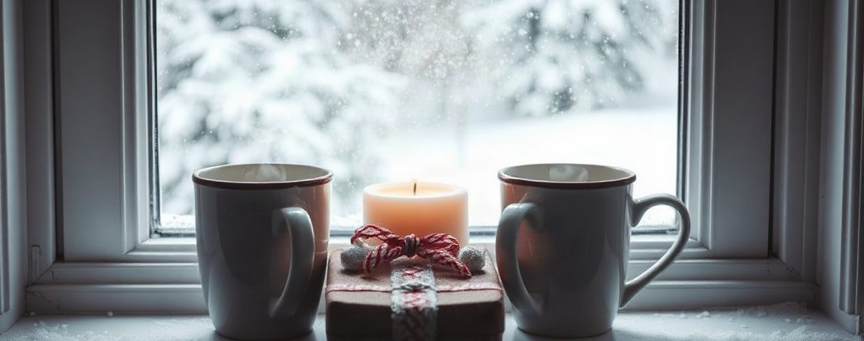 Zwei dampfende Tassen auf einer Fensterbank mit Schnee draußen, Kerze und Geschenk