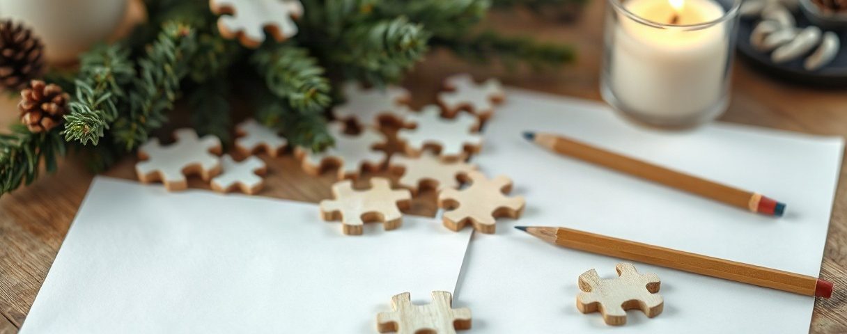 Hölzerne Puzzleteile, zwei Bleistifte und weißes Papier auf einem Holztisch mit Tannenzweig und Kerze