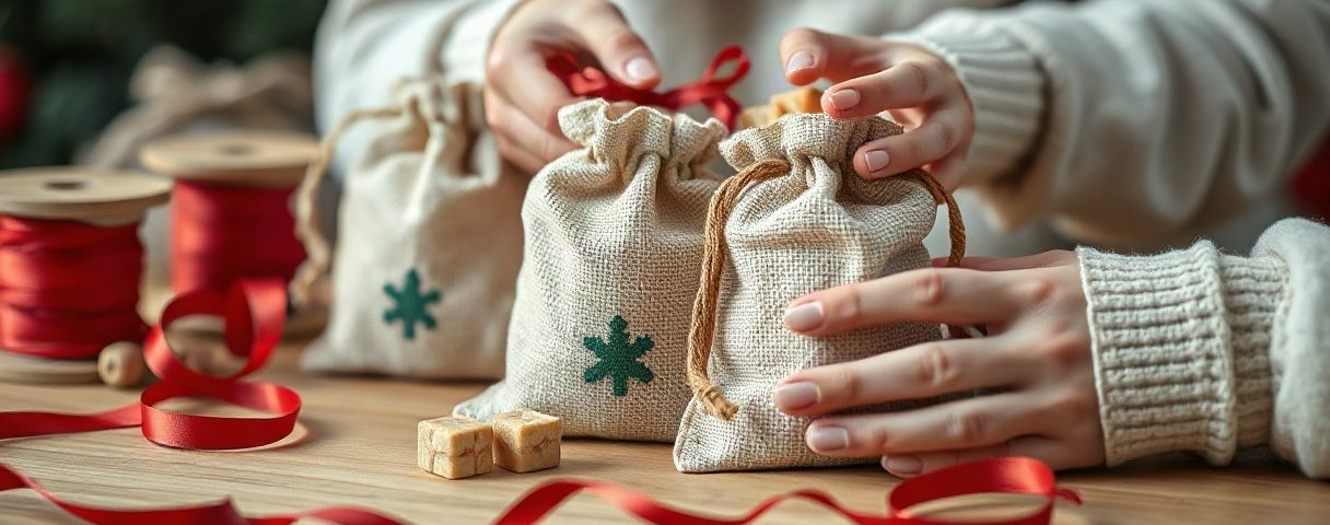 Hände befüllen kleine Jutesäckchen mit Süßigkeiten, daneben Spulen mit rotem Band