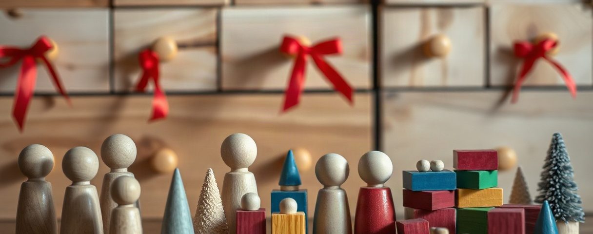 Holzspielfiguren und bunte Bauklötze vor einer Reihe kleiner Holzschubladen mit roten Schleifen