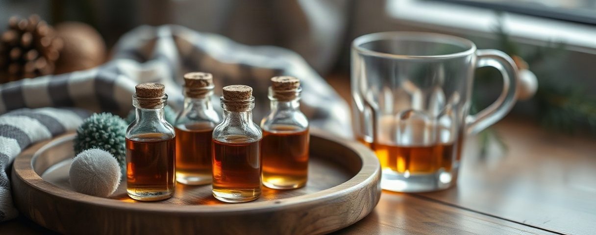 Kleine unbeschriftete Probierflaschen mit bernsteinfarbenem Inhalt auf einem Holztablett