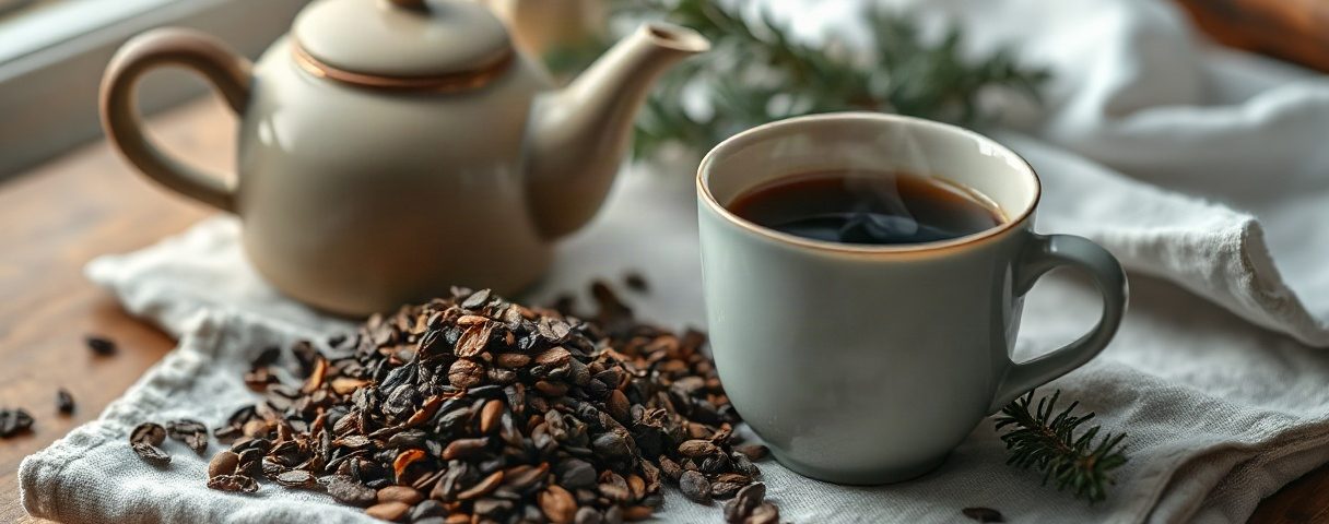 Lose Teeblätter, eine Keramikkanne und eine dampfende Tasse Kaffee auf Leinen