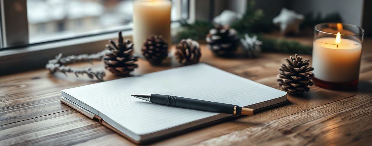 Holzschreibtisch mit leerem Notizbuch, Stift, Tannenzapfen und Kerze im Winterlicht