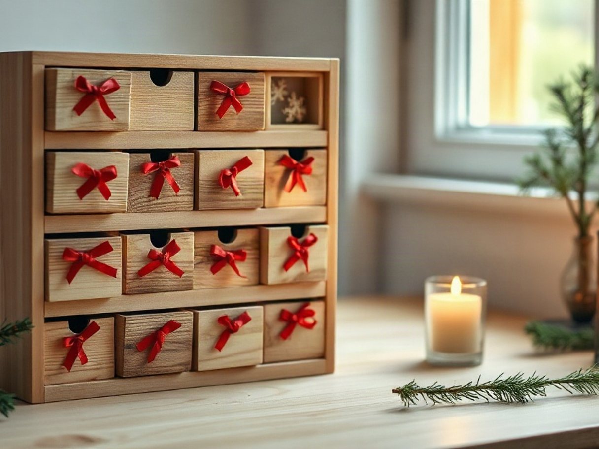 Adventskalender aus kleinen Holzschubladen mit roten Bändern, daneben eine Kerze